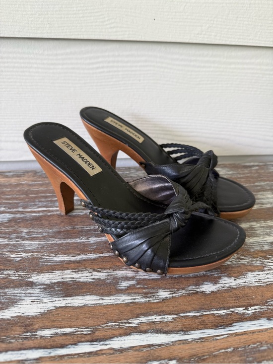 Steve Madden Shoes - Steve Madden Black Braided Knot Mules with Wood-Tone Heel